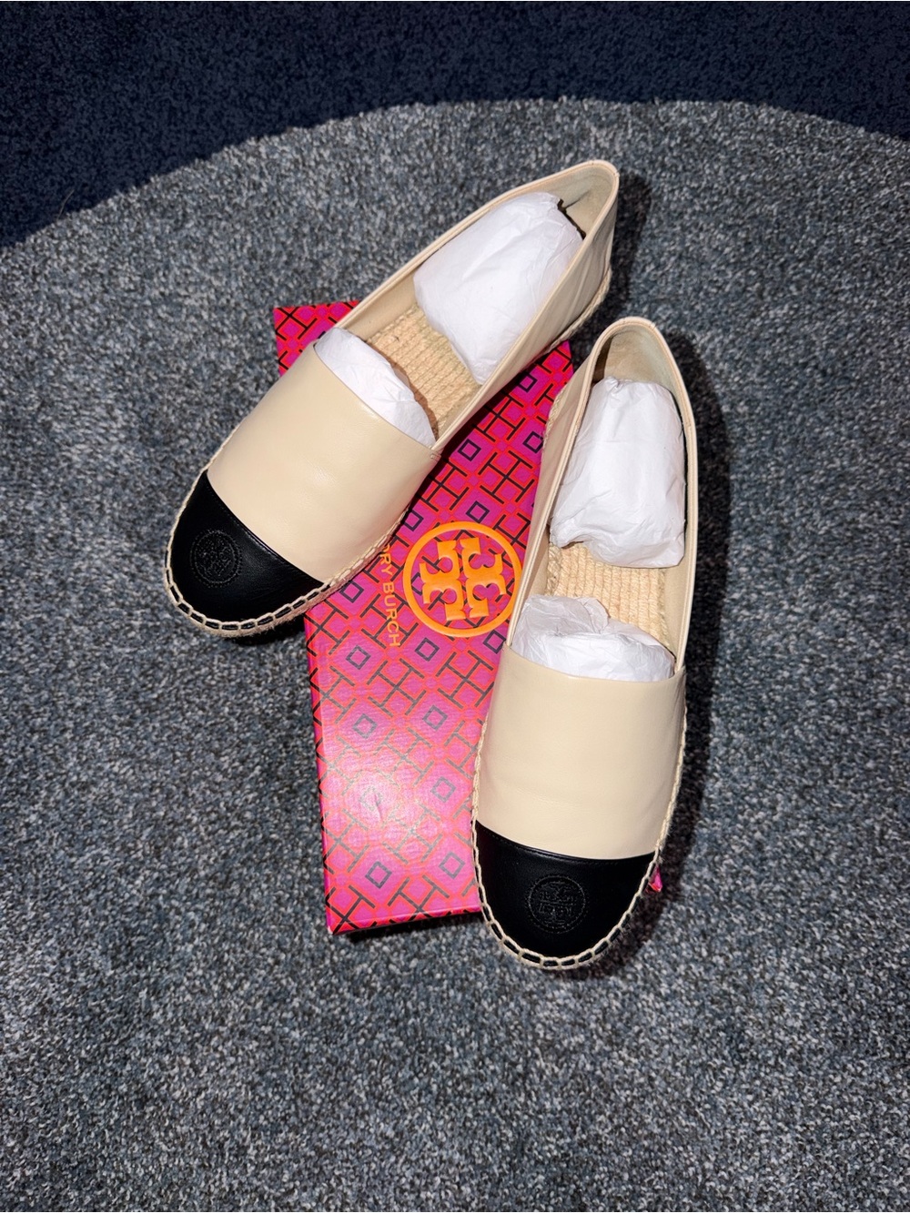 Tory Burch Leather Espadrille Slip-On in Cream with Black Cap Toe